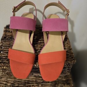 Vaneli two toned sandal with adjustable buckle & 2" angular stacked wooden heel.